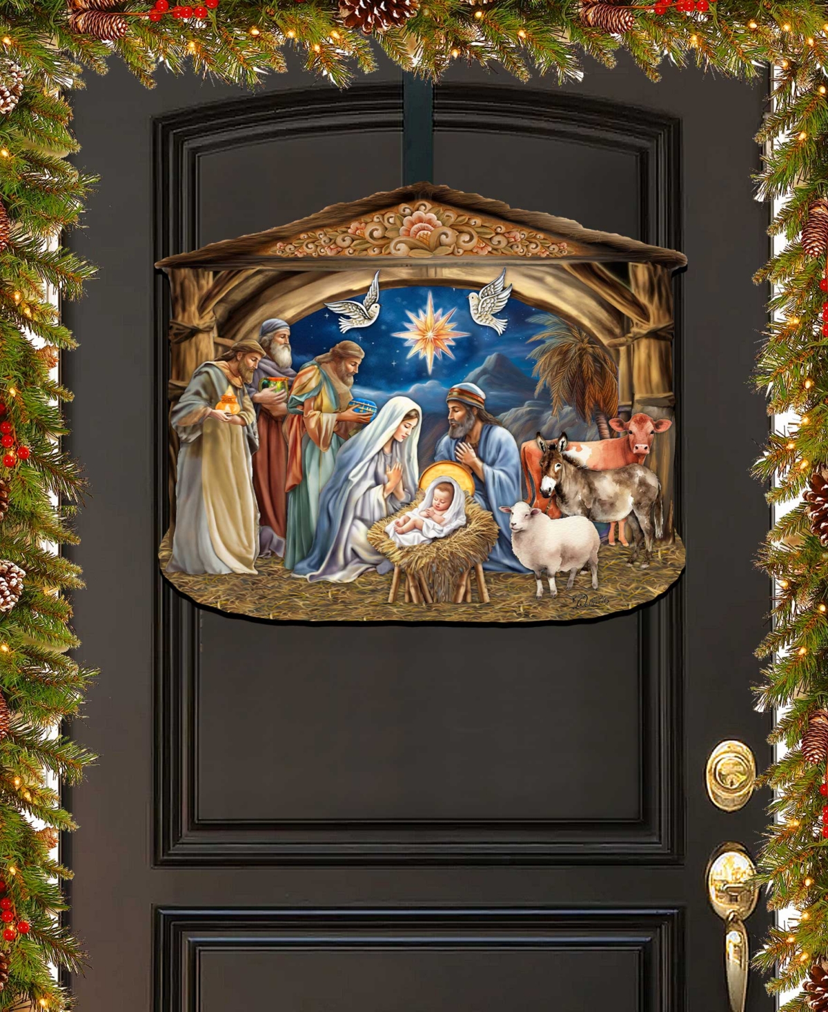 Designocracy The Birth Of Jesus Nativity Scene Christmas Wooden Door Hanger Door Decor G. Debrekht In Multi Color