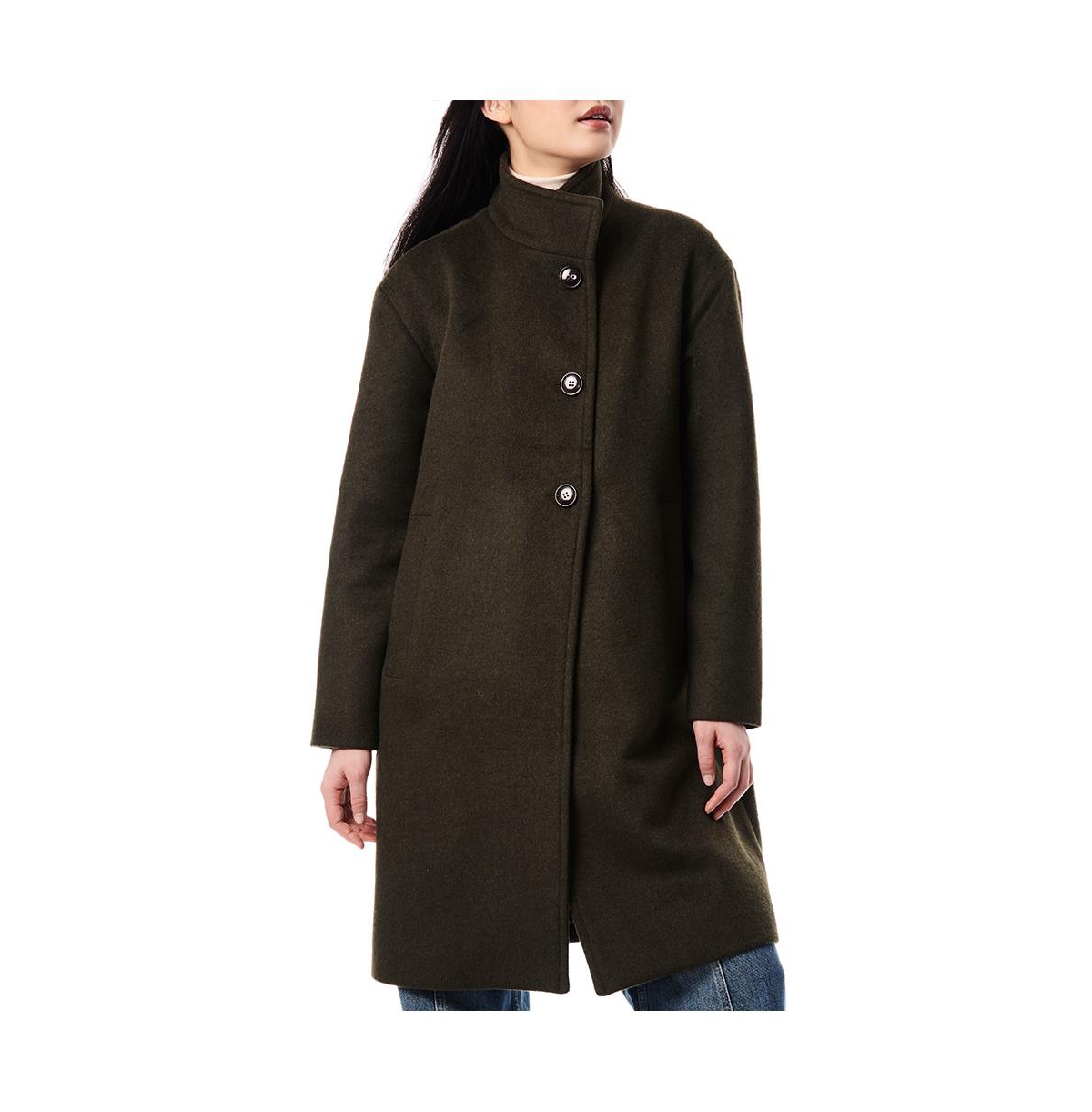Womens Wool Coat with Stand Collar - Olive