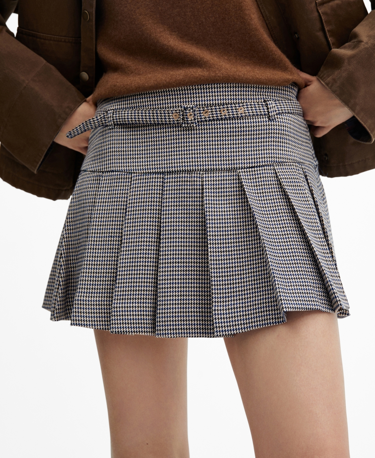 Mango Houndstooth Belt Miniskirt Blue In Blue