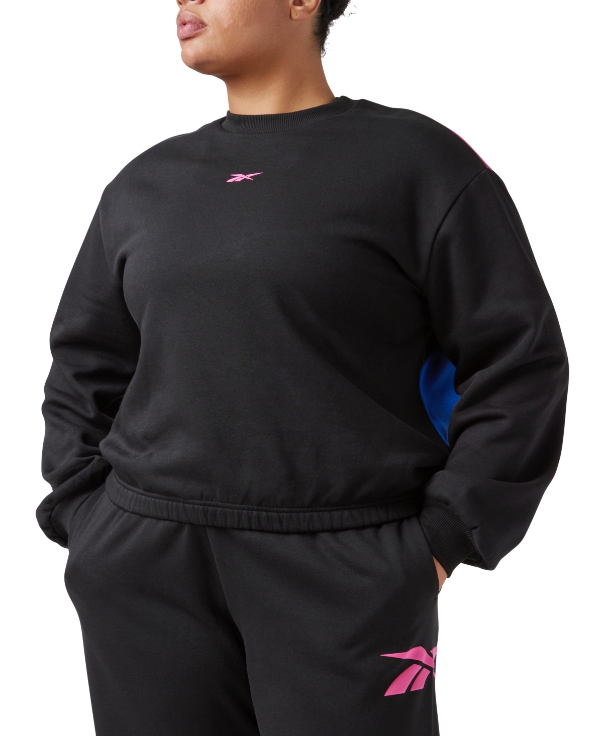 Reebok Plus Size Crewneck Logo Sweatshirt In Black,semi Proud Pink