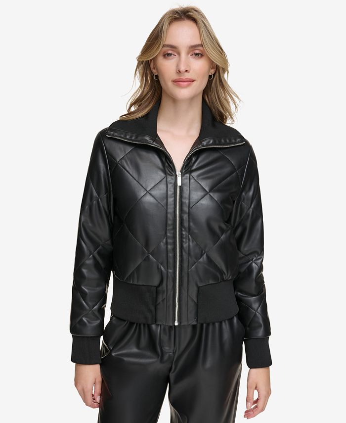 Calvin Klein Women's Faux Leather Quilted Jacket - Black - Size L