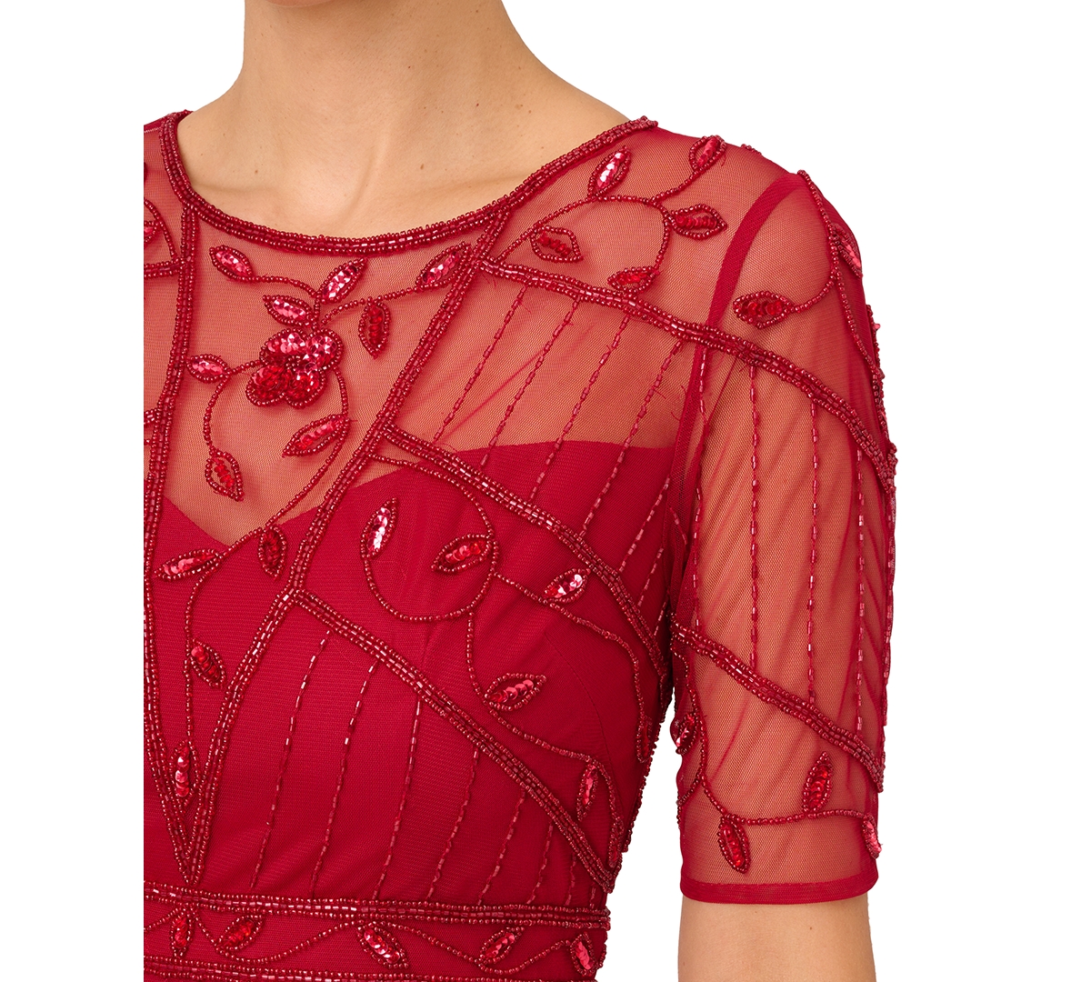 Shop Adrianna Papell Women's Beaded Short-sleeve Midi Dress In Cranberry