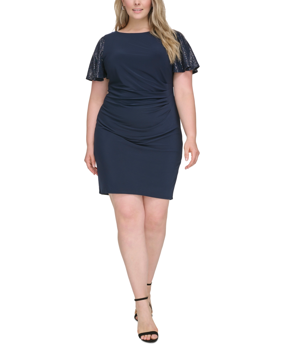 Jessica Howard Plus Size Shimmer-sleeve Side-pleated Dress In Navy