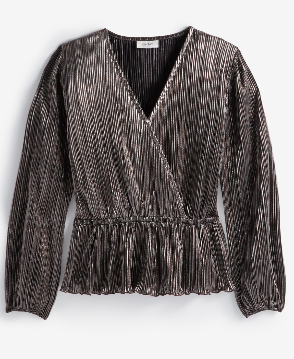 On 34th Women's Metallic Plisse Surplice-Neck Peplum Top, Created for Macy's -gunmetal