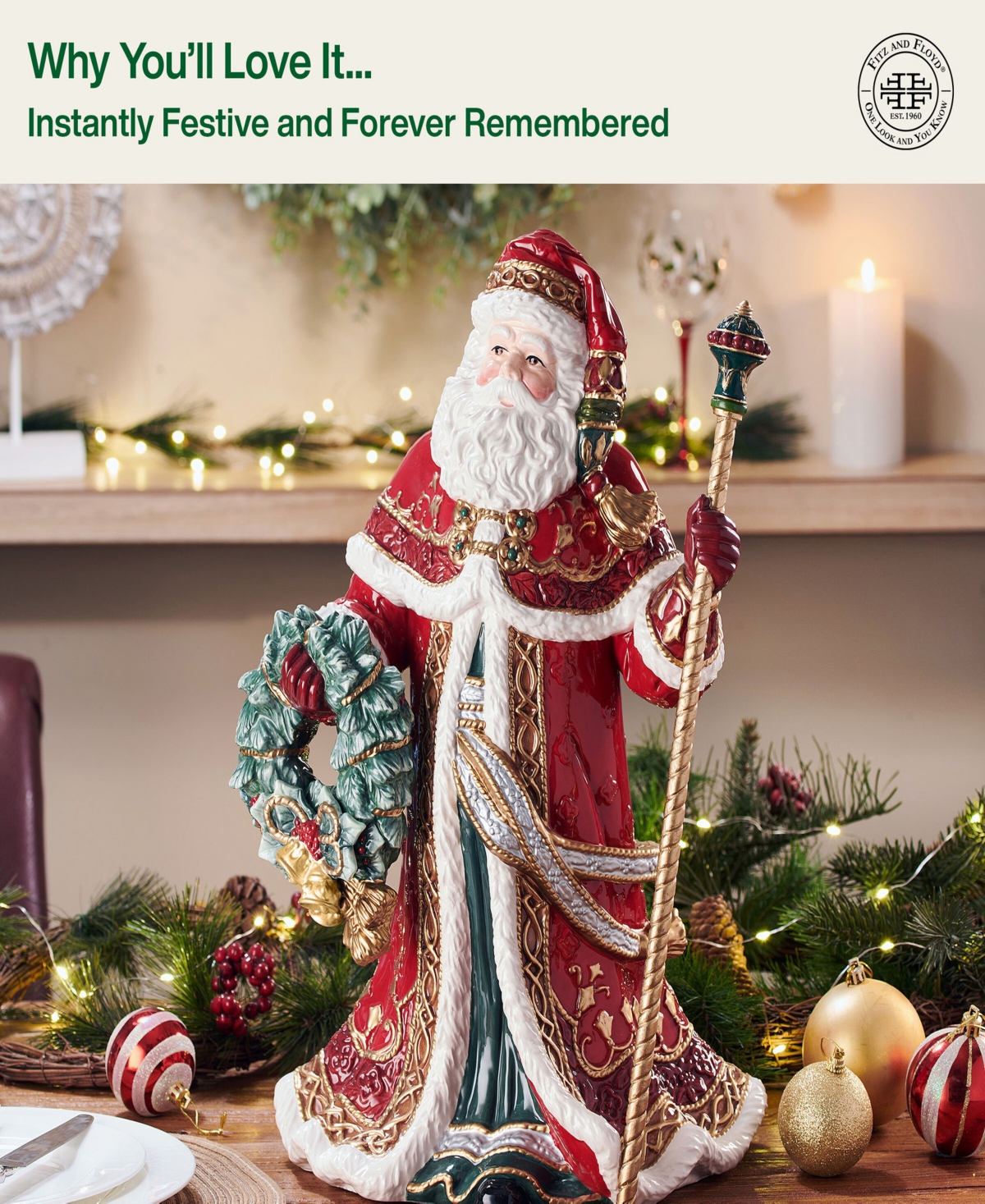 Fitz and Floyd Noel Holiday Grand Santa Figurine, 19.25-in