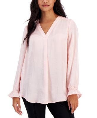 AK Anne Klein - Petite Rumpled Satin V-Neck Long-Sleeve Tunic