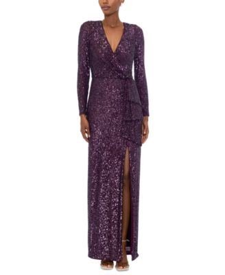 XSCAPE - Women's Sequin Long-Sleeve Side-Slit Dress
