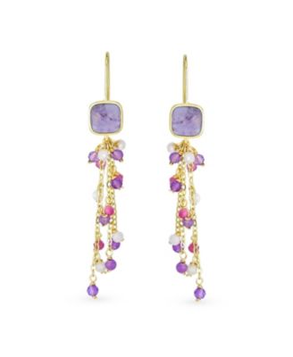 Waterfall Tassel Natural Stones Mixed Cluster Bead Accent Dangle Earrings Gold Plated Fish Hook