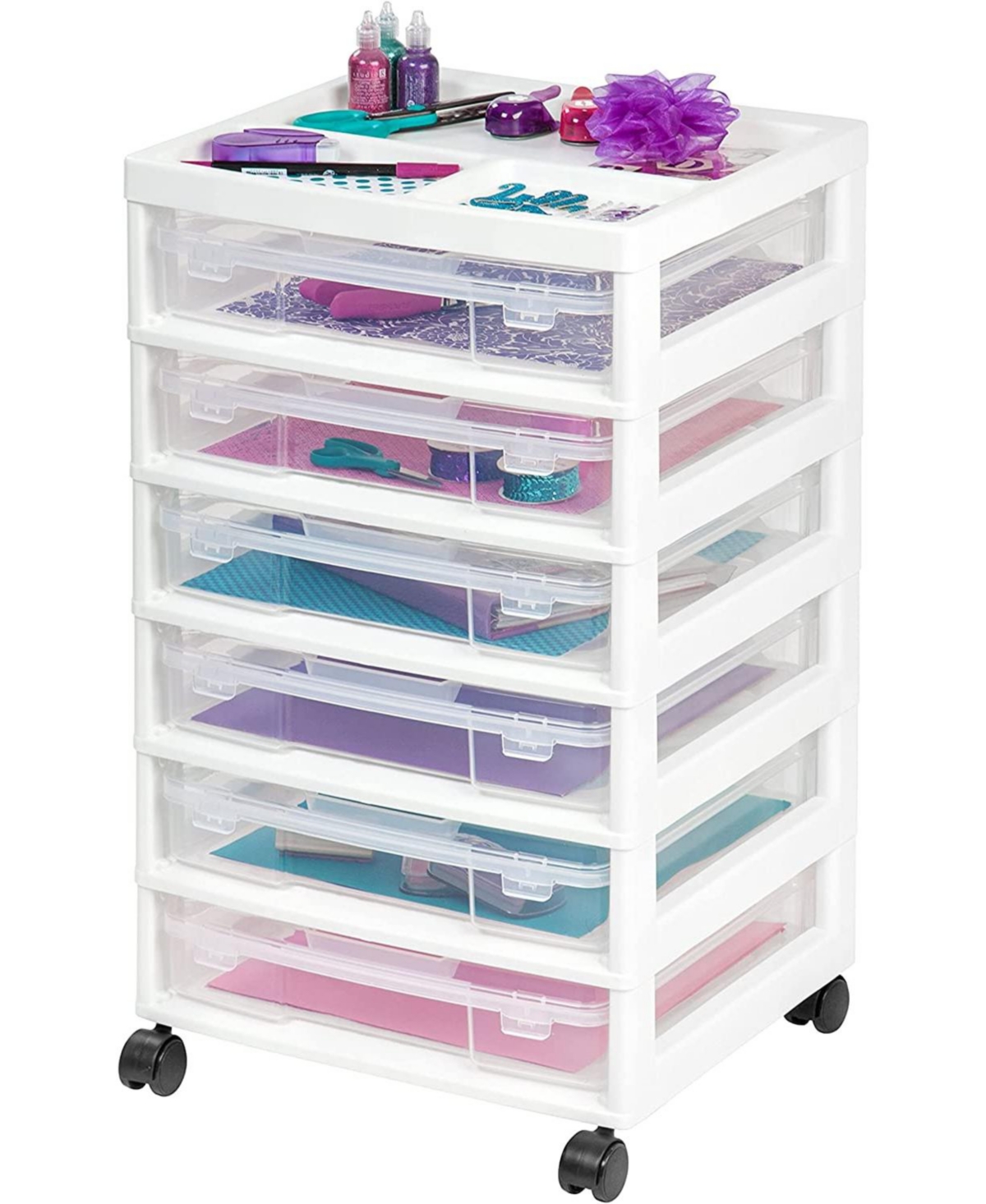 6 Drawers Scrapbook Plastic Storage Cart with Organizer Top with Casters, White - White