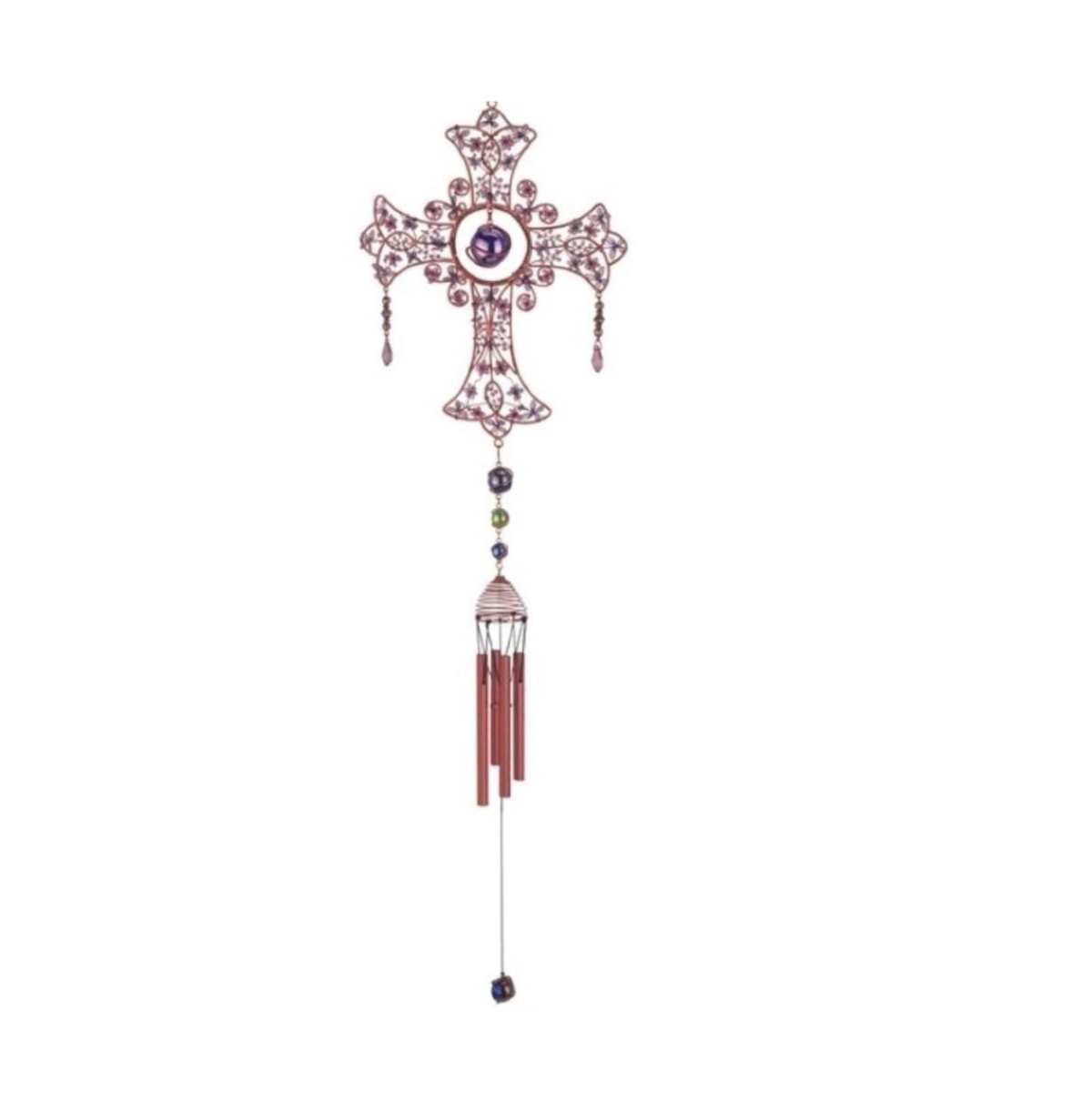 33" Long Blue Cross Wind Chime with Copper Gem - Multi
