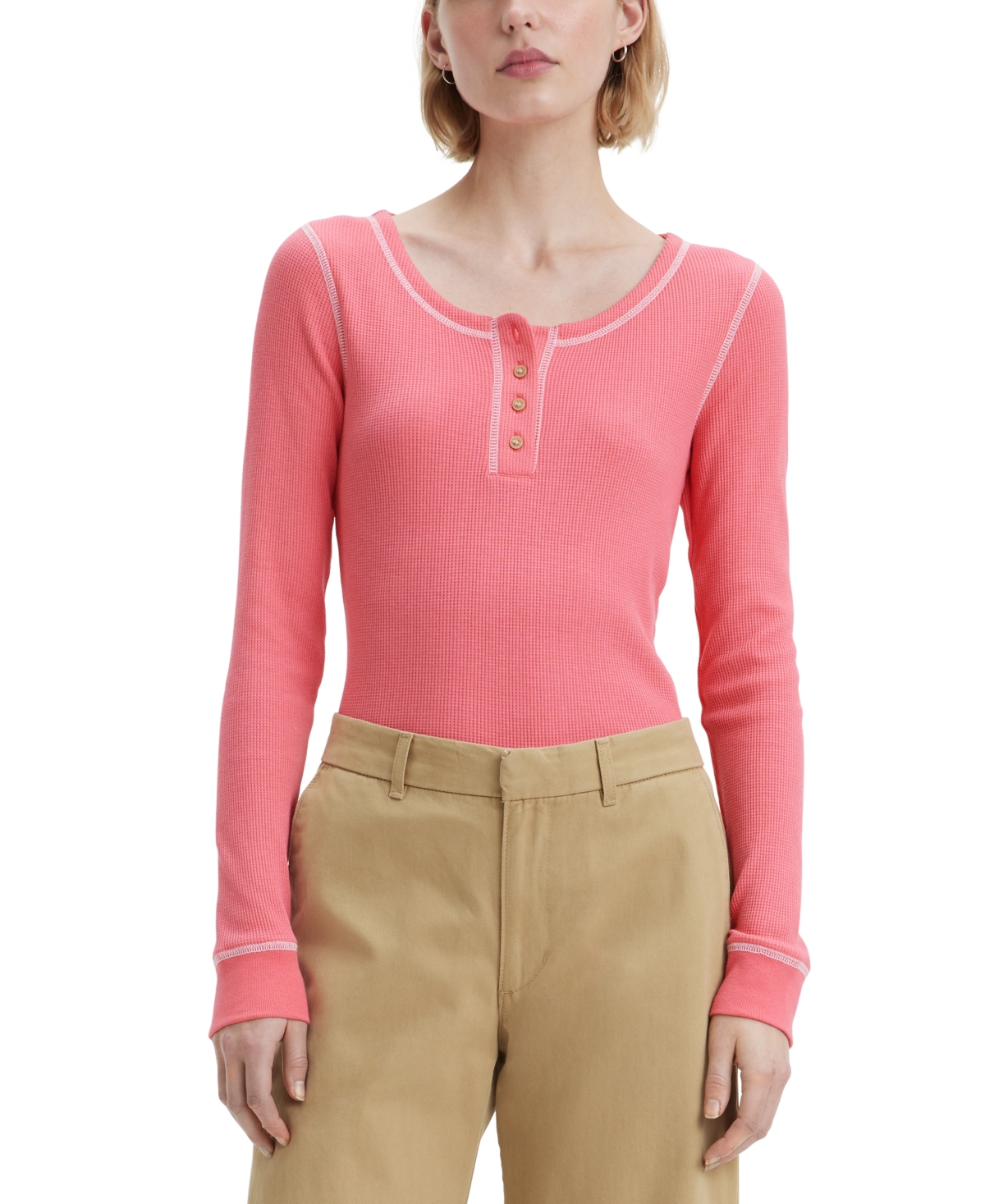 Levi's Women's Sierra Waffle-knit Quarter-button Henley Top In Italian Rose