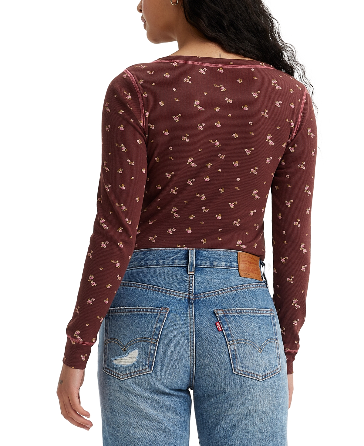 Levi's Women's Sierra Waffle-knit Quarter-button Henley Top In Shayla Floral Decadent Chocolate