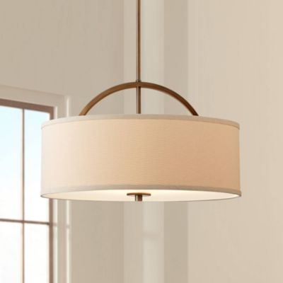 Brushed Bronze Drum Pendant Chandelier 20" Wide Modern Sand Stone Linen Shade Fixture for Dining Room House