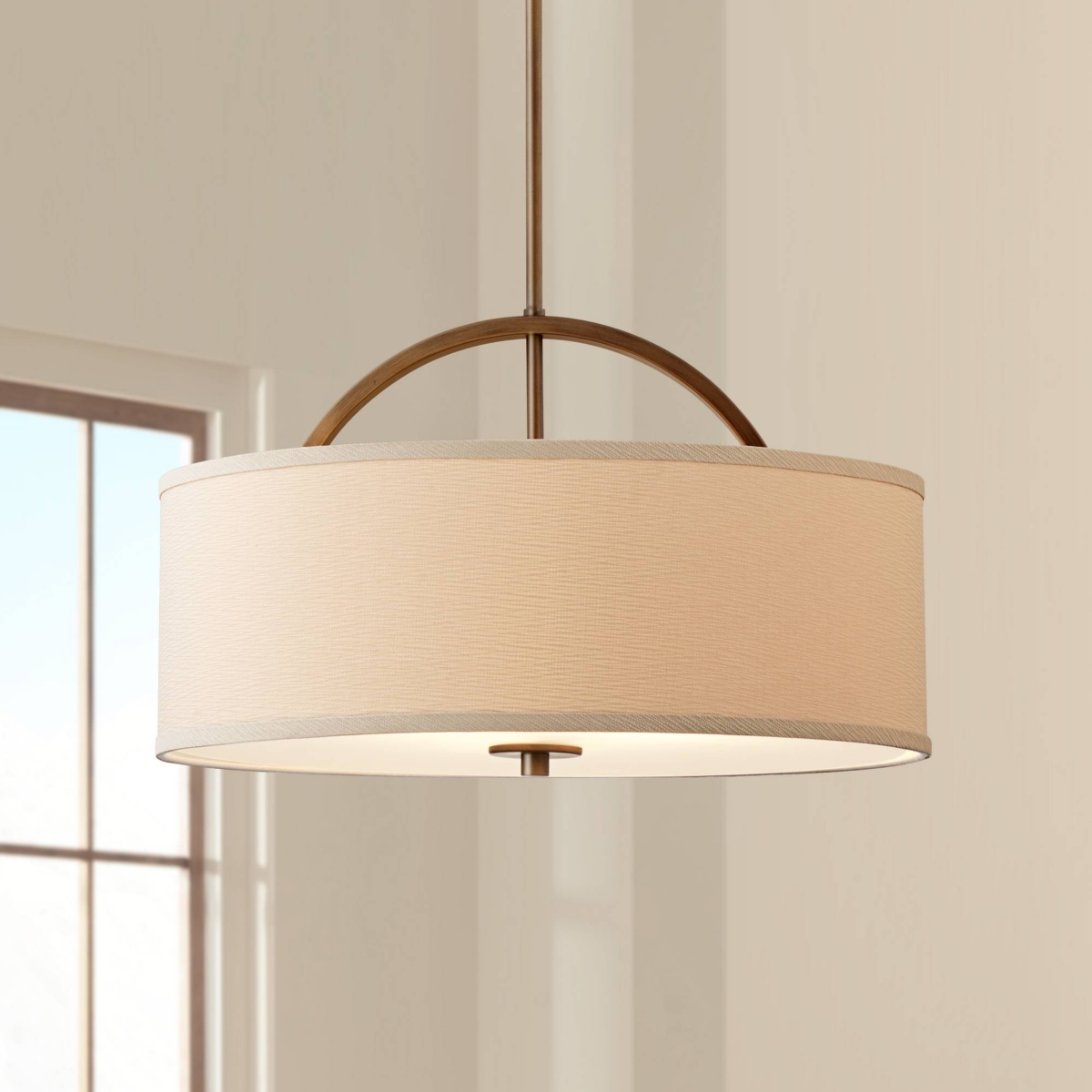 Possini Euro Design Brushed Bronze Drum Pendant Chandelier 20" Wide Modern Sand Stone Linen Shade Fixture for Dining Room House