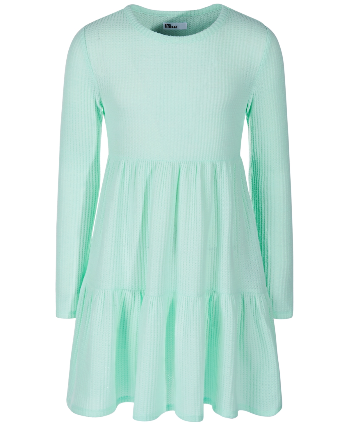 Epic Threads Kids' Big Girls Long-sleeve Waffled Tiered Dress, Created For Macy's In Tea Green