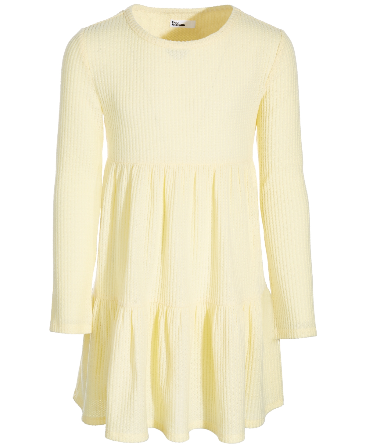 Epic Threads Kids' Big Girls Long-sleeve Waffled Tiered Dress, Created For Macy's In Lemon Froth