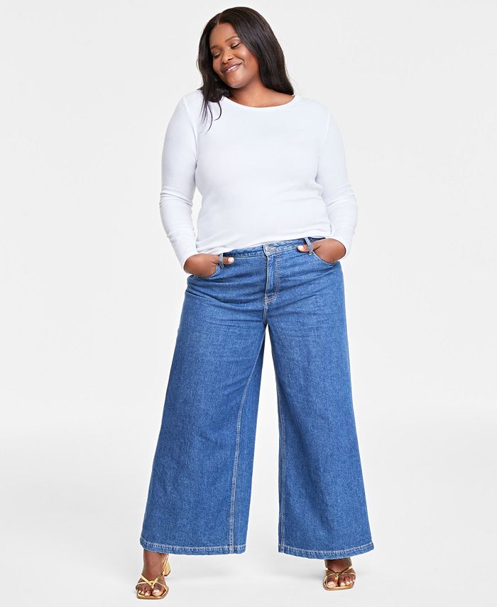Straight Jeans Women Plus Size High Waisted Denim Long Pants Wide