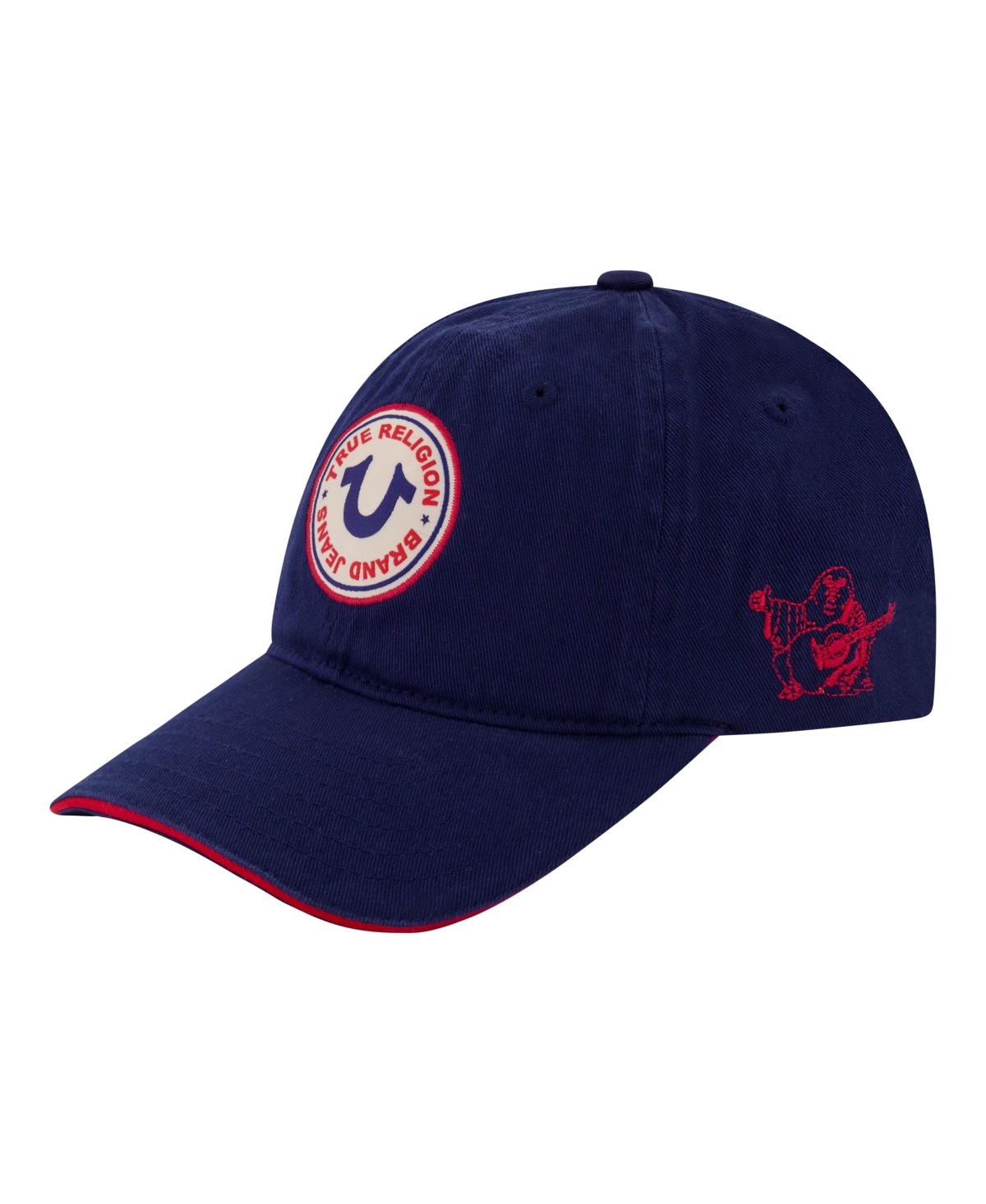 TRUE RELIGION BASEBALL CAP, 5 PANEL COTTON TWILL BOYS BASEBALL HAT WITH ROUND WOVEN PATCH LOGO, ADJUSTABLE, BLUE
