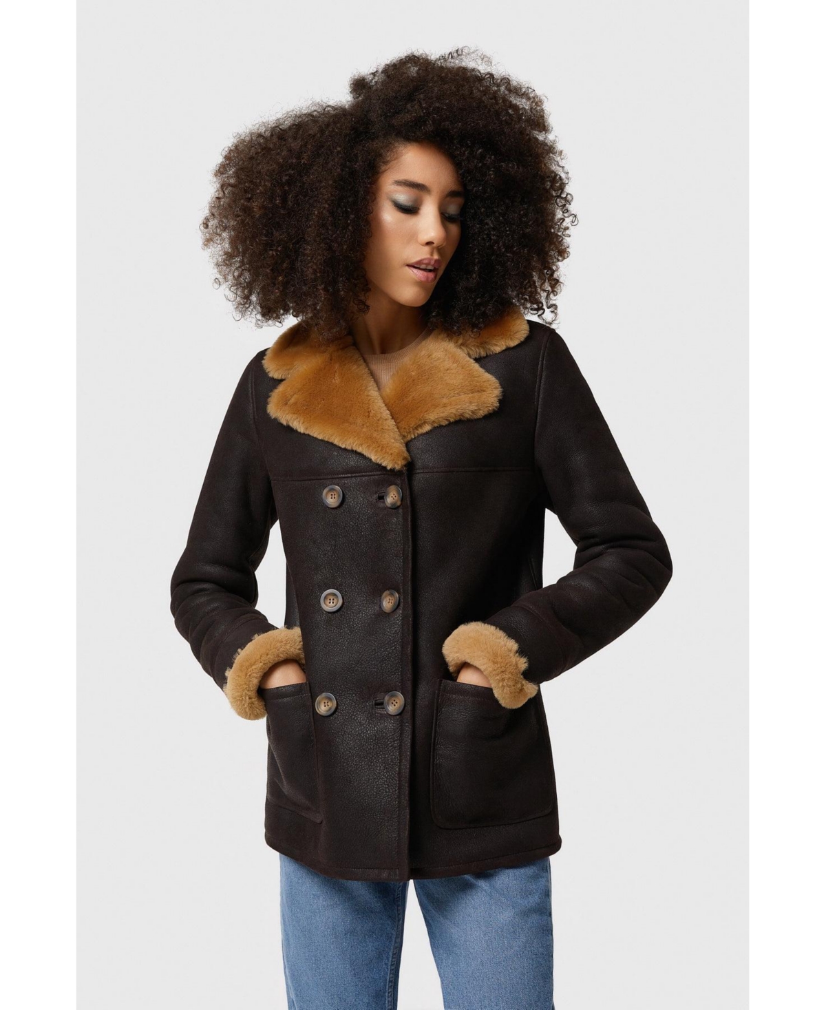 Women's Shearling Peacoat, Washed Brown with Ginger Wool - Brown
