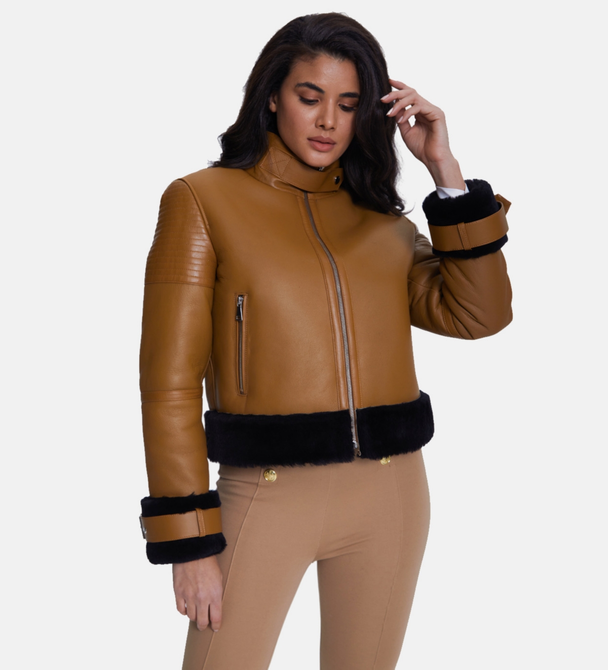 Furniq Uk Women's Fashion Jacket,With Black Wool - Tan