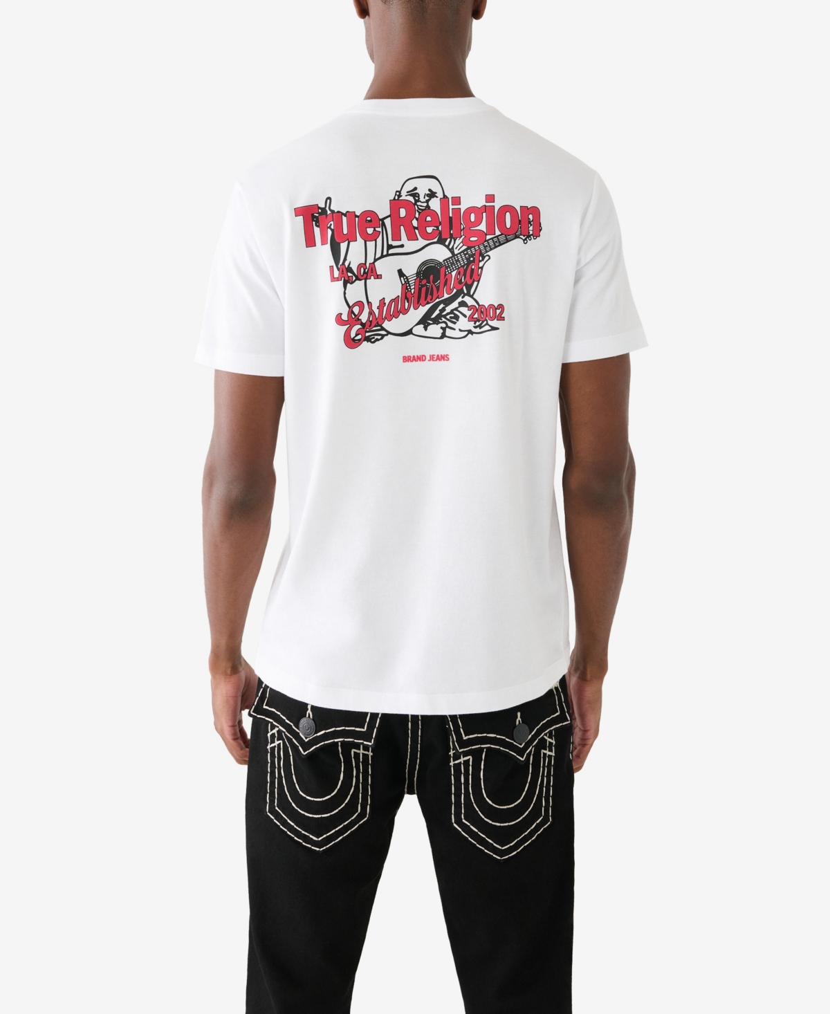 true religion red and white shirt