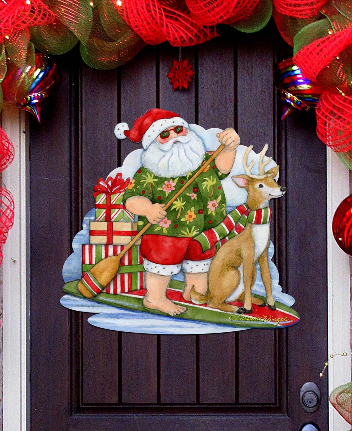 Designocracy Paddle Boarding Santa Christmas Door Decor Wooden Wall Decor S. Winget In Multi Color