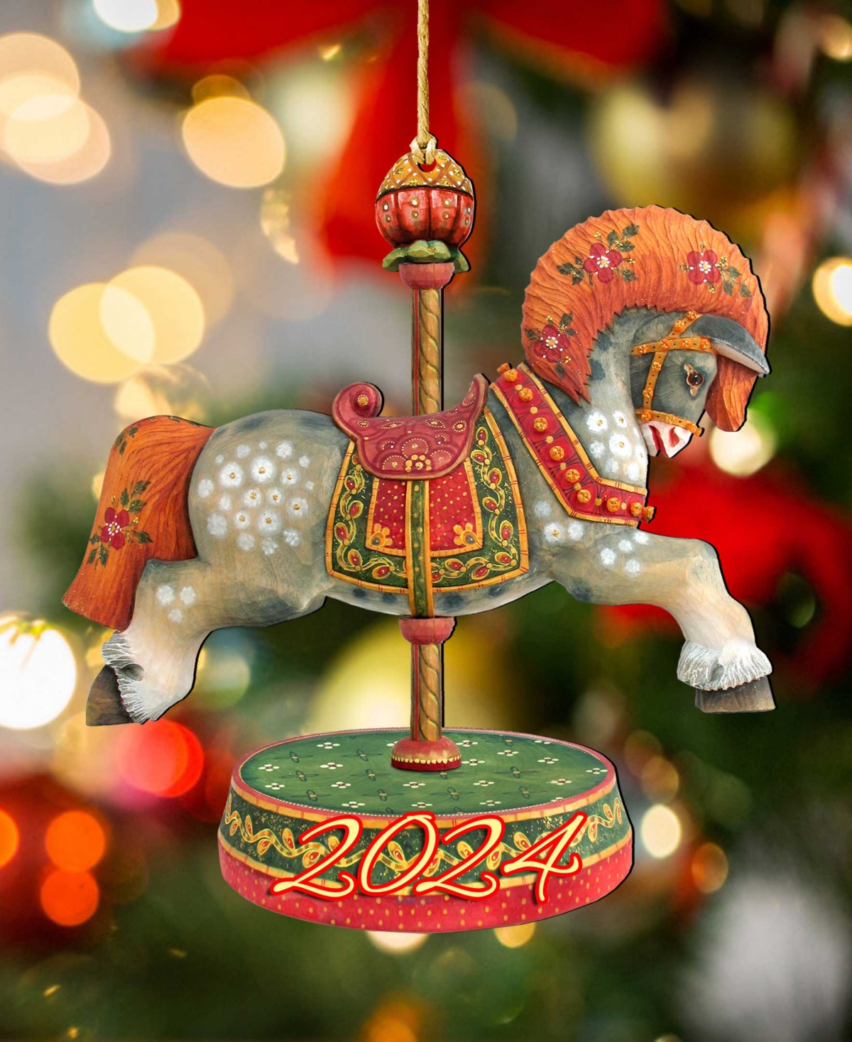 Designocracy 2024 Dated Carousel Horse Christmas Wooden Ornaments Holiday Decor Set Of 2 G. Debrekht In Multi Color