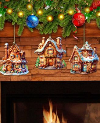Fairy Tale Houses Christmas Wooden Ornaments Holiday Decor Set of 3 G. DeBrekht