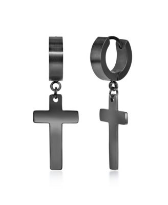 Mens Stainless Steel Cross Charm Polished Huggie Hoop Earrings