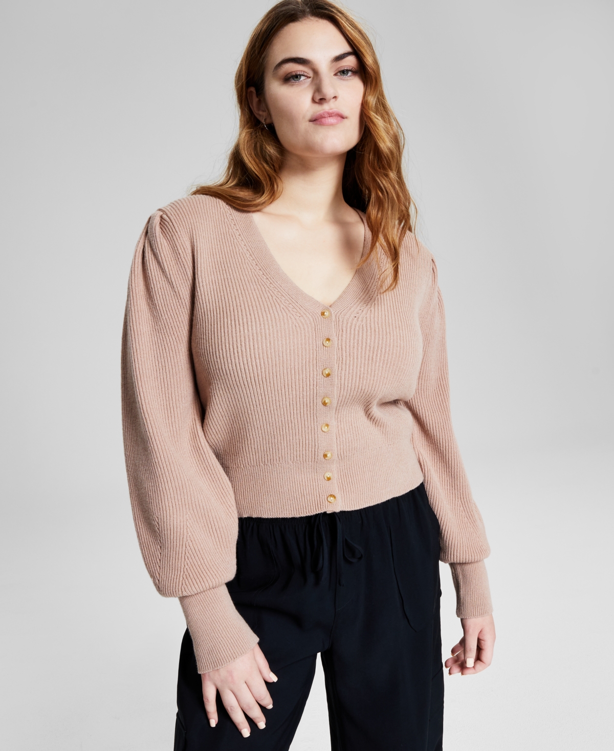 And Now This Women's Puff-sleeve Ribbed Cardigan, Created For Macy's In Almond
