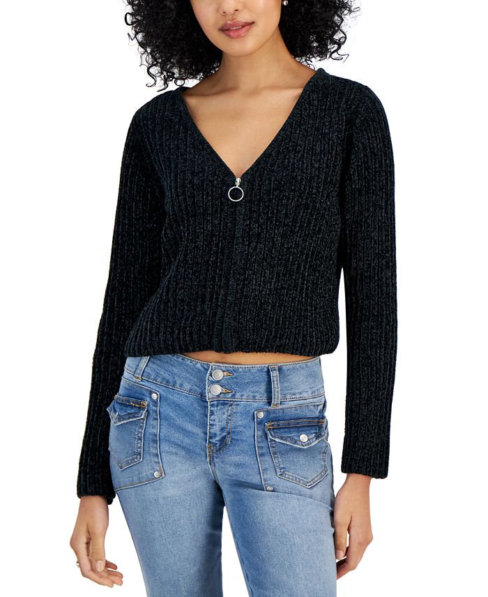 Derek Heart Juniors' V-Neck Zip-Front Ribbed Sweater