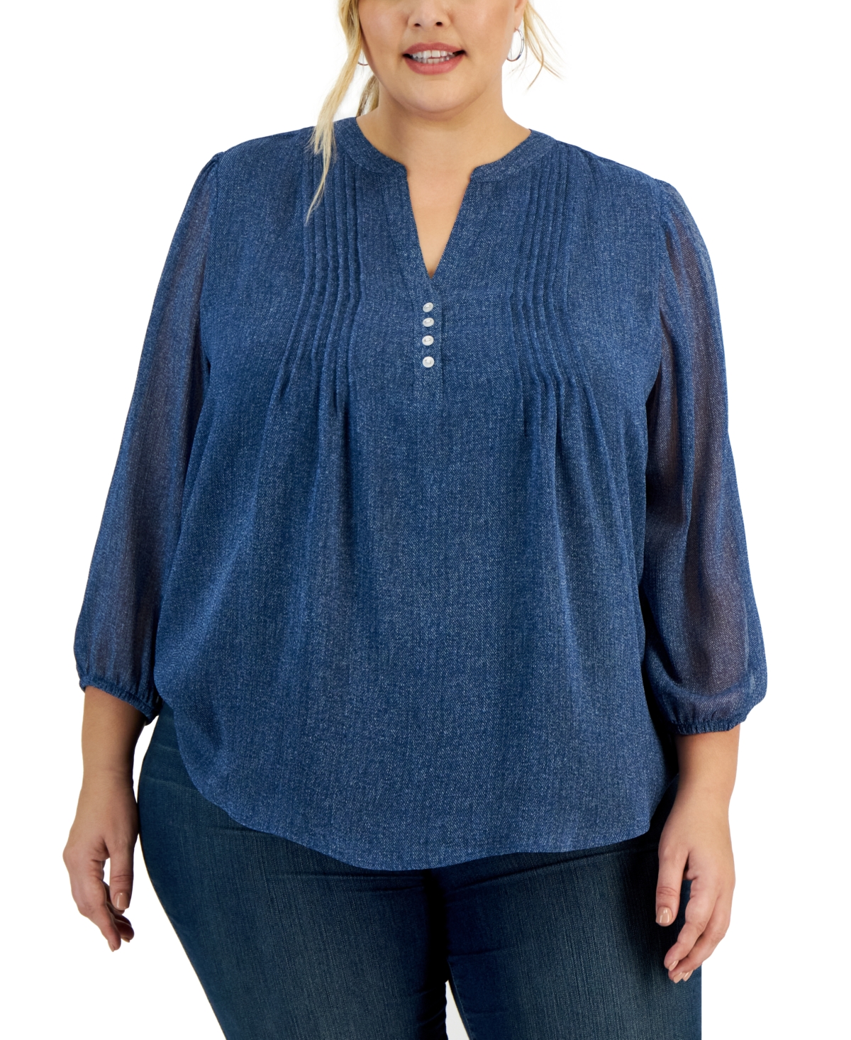 Tommy Hilfiger Plus Size Denim-print Pintucked Tunic Top In Blue Multi