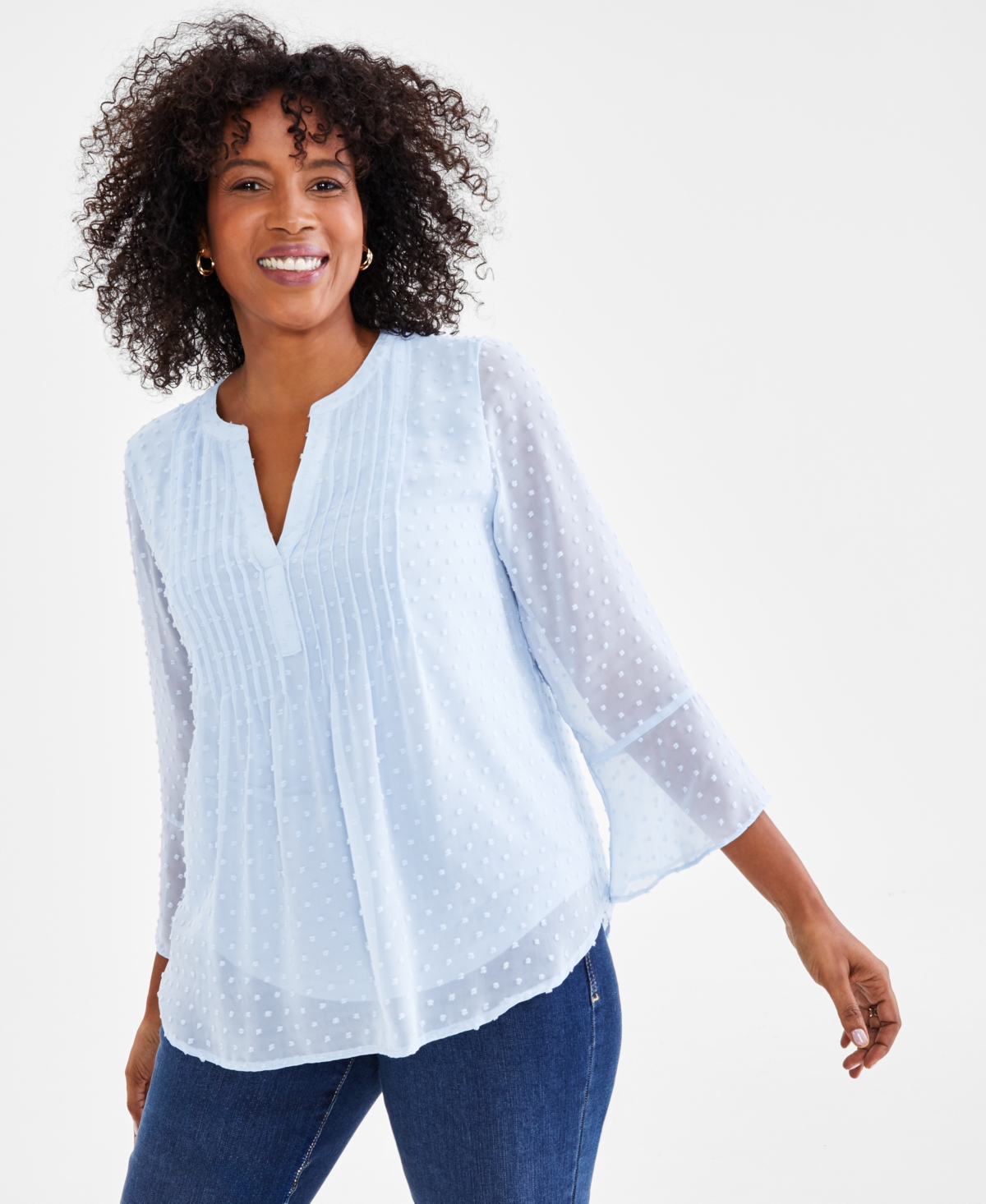 Style & Co Women's Textured Pintuck Ruffle Sleeve Top, Regular & Petite, Created For Macy's In Frozen Blue