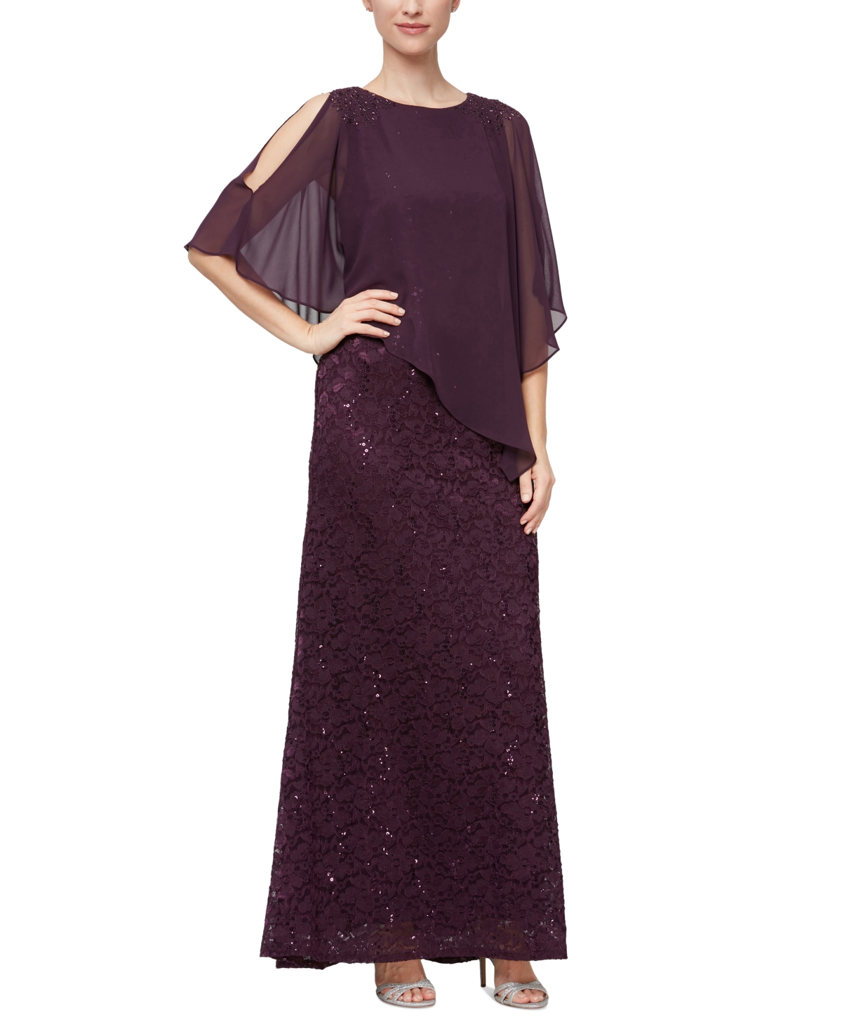 Shop Sl Fashions Women's Sequin Lace Chiffon Caplet Gown In Deep Plum
