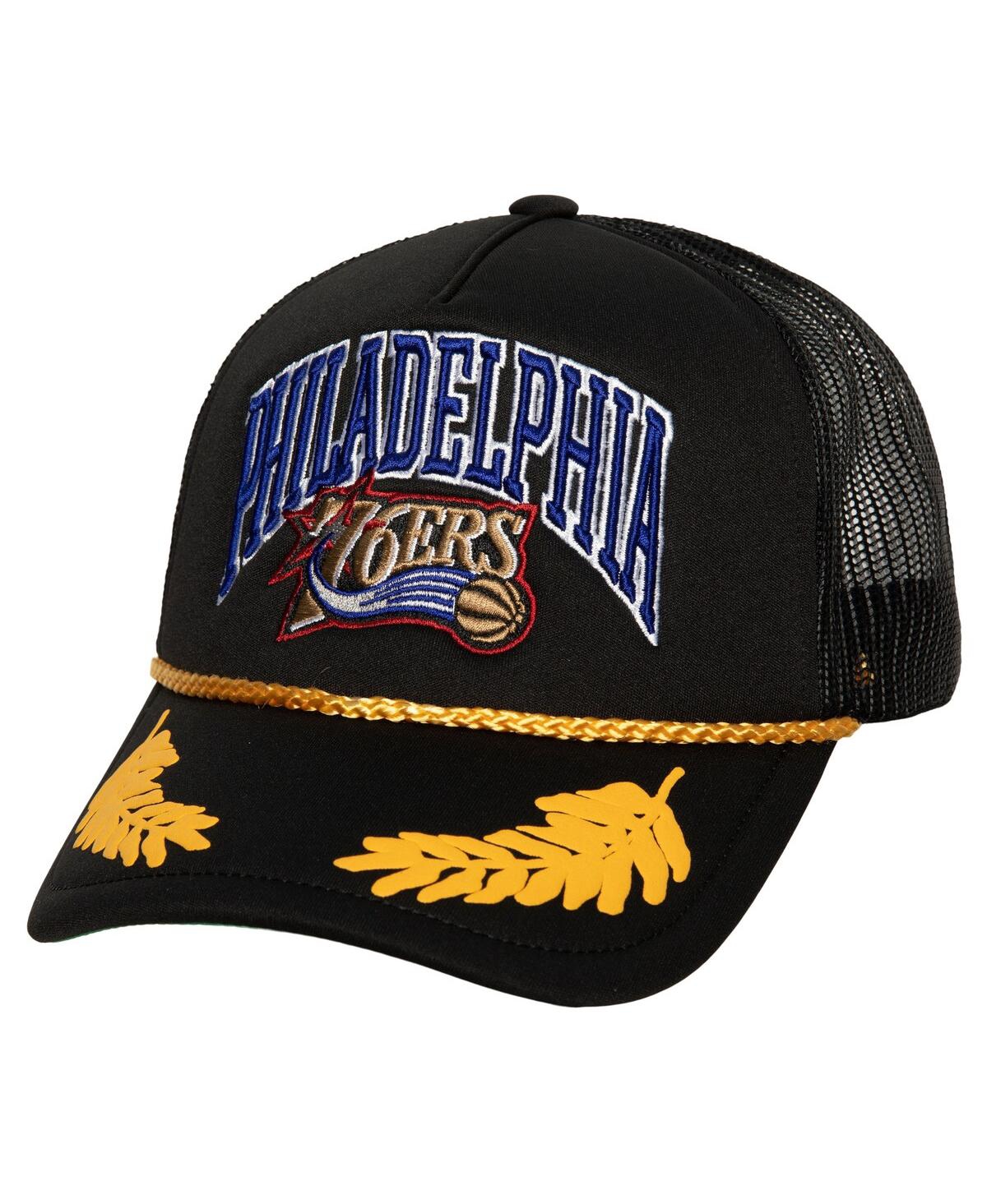 Mitchell & Ness Men's  Black Philadelphia 76ers Hardwood Classics Gold Leaf Mesh Trucker Snapback Hat
