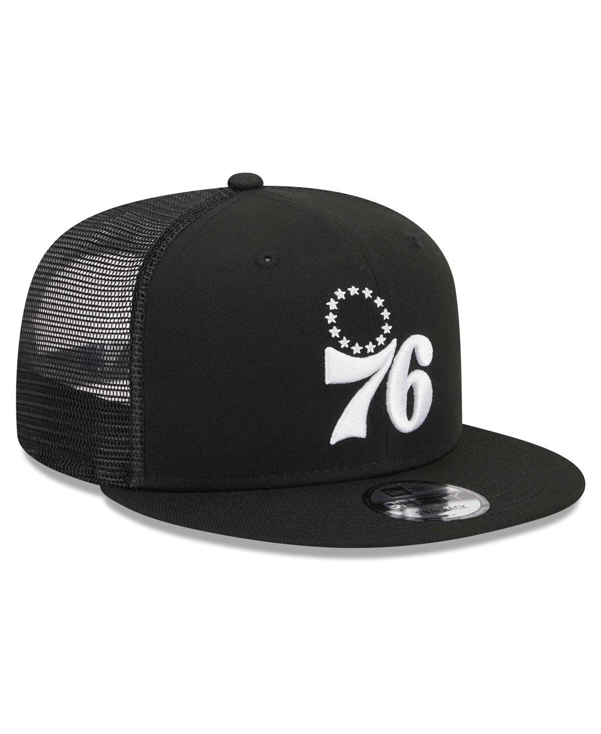 NEW ERA MEN'S NEW ERA BLACK PHILADELPHIA 76ERS EVERGREEN 9FIFTY TRUCKER SNAPBACK HAT 