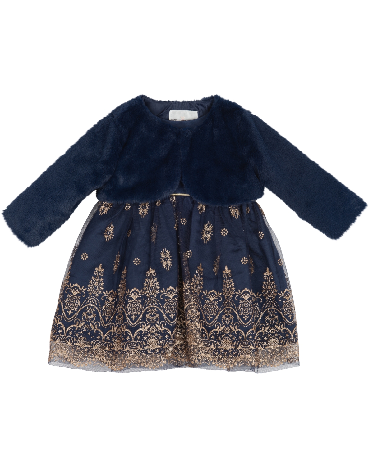 Rare Editions Baby Girls Glitter Dress And Faux Fur Jacket, 2 Piece Set In Navy