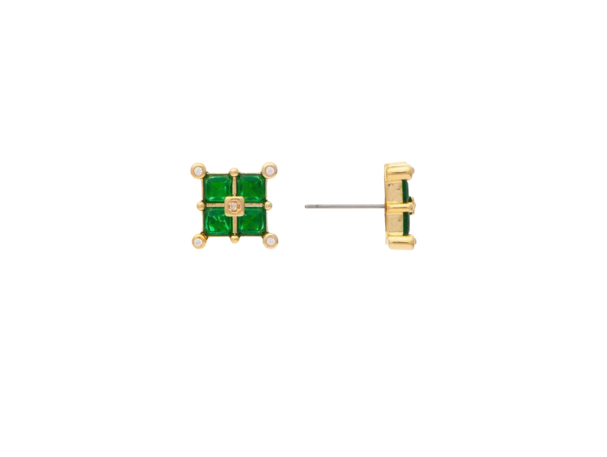 Emerald Crystal Square Cluster Stud Earrings - Gold with green crystal