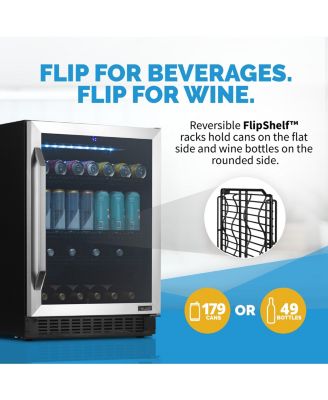 FlipShelf 24" 179 Can or 49 Bottle, Built-in or Freestanding Wine and Beverage Fridge with Reversible Shelves and Precision Temperature Control in Stainless Steel