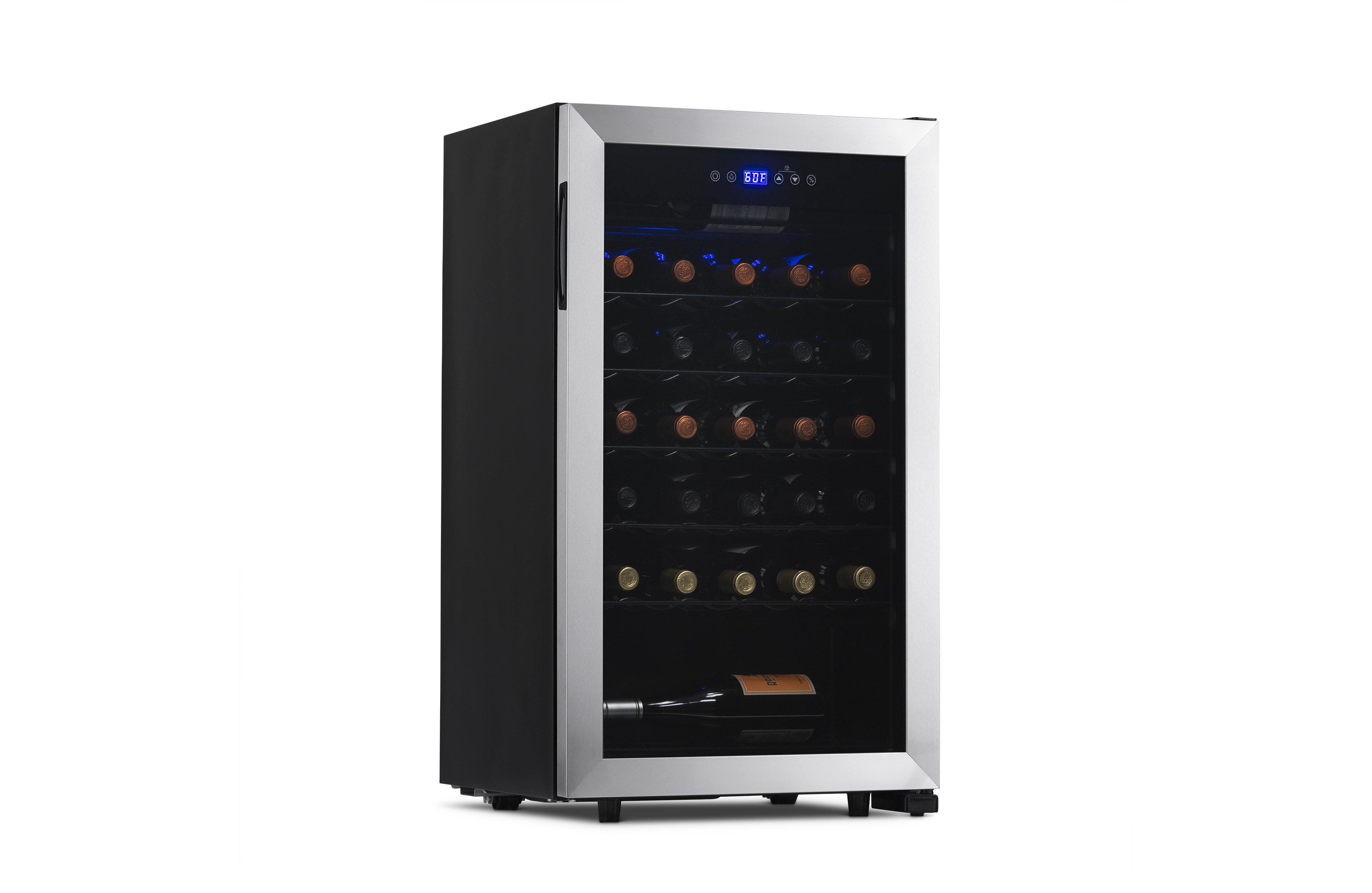 Newair Freestanding 33 Bottle Compressor Wine Fridge in Stainless Steel, Adjustable Racks and Exterior Digital Thermostat