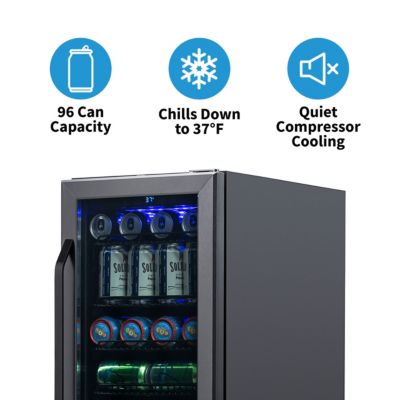 15" Built-in 96 Can Beverage Fridge in Black Stainless Steel with Precision Temperature Controls and Adjustable Shelves