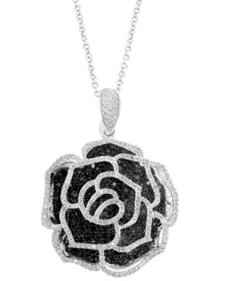 EFFY&reg; Black Diamond (1-3/8 ct. t.w.) & White Diamond (5/8 ct. t.w.) Rose Pendant Necklace in 14k White Gold, 16-3/4" + 1-1/4" extender