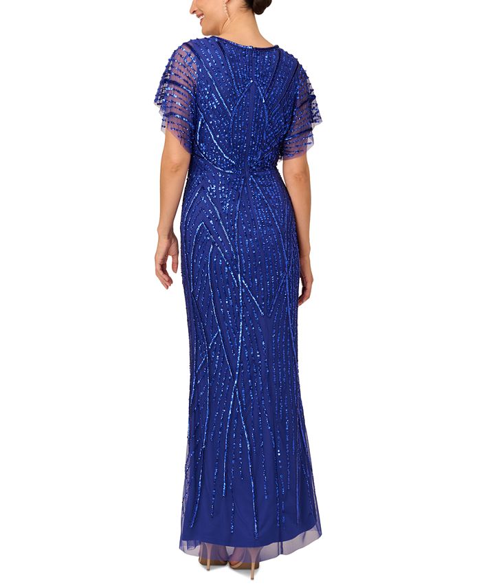 Papell Studio Women's Flutter Sleeve Embellished Gown Blue Size 14