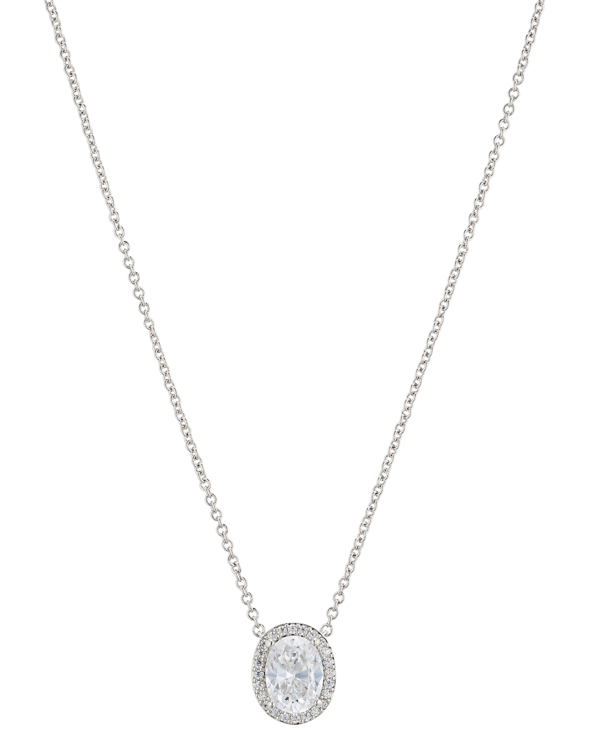 Crystal Oval Halo Necklace, 16" + 2" extender - Rhodium