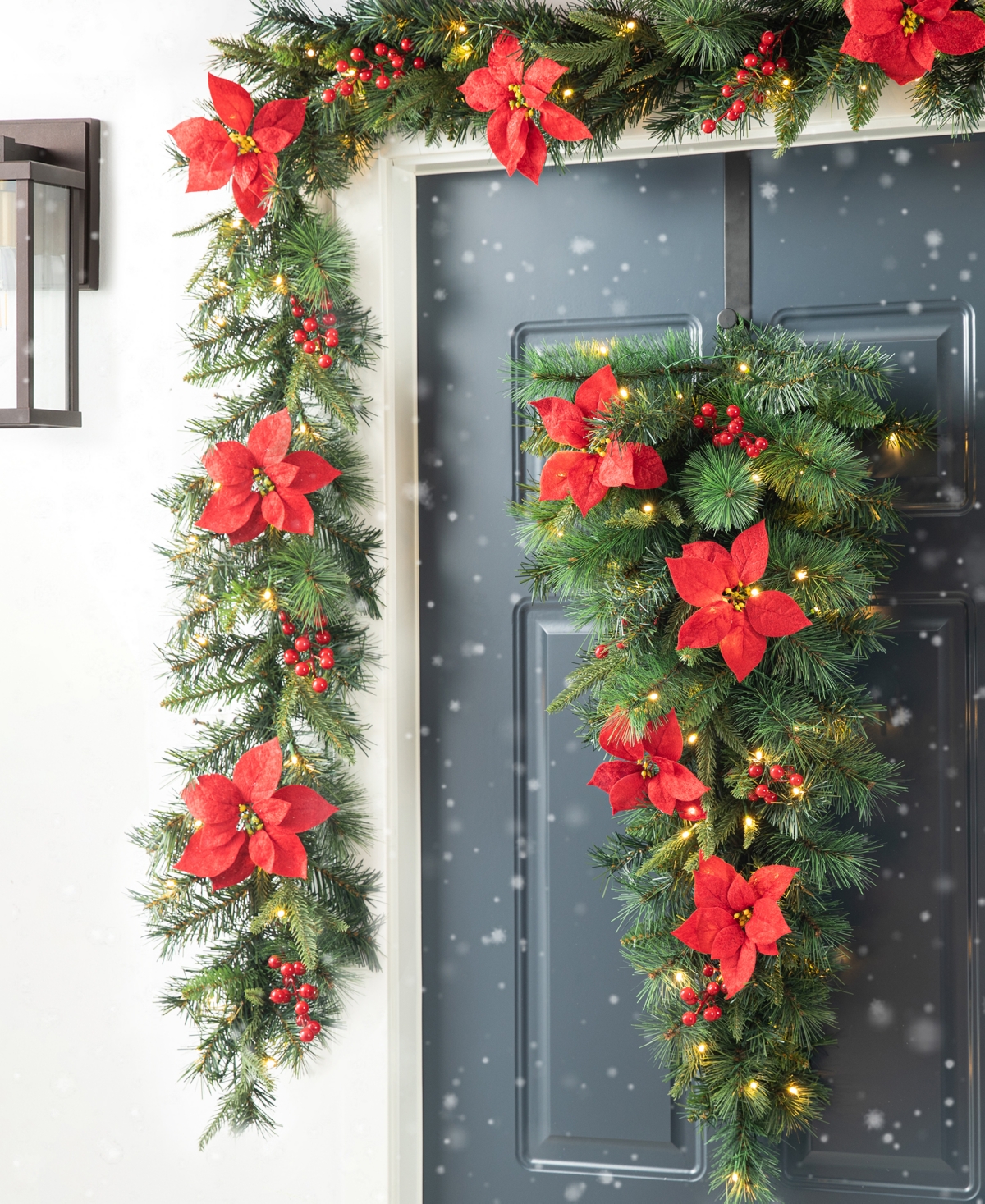 Glitzhome Pre-Lit Greenery Pine Poinsettia and Red Berries Christmas Teardrop Swag with 50 Warm White Lights and Timer