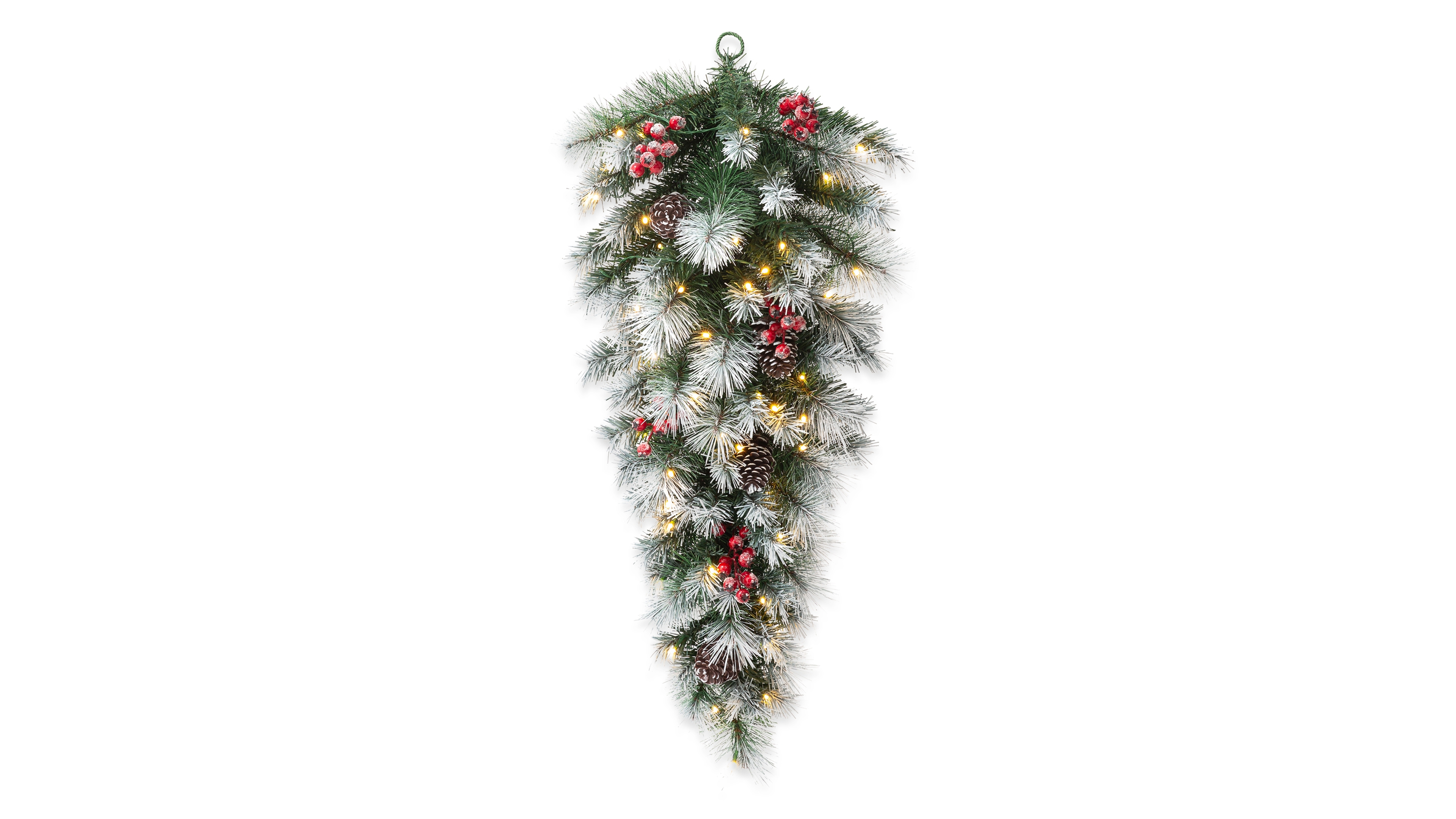 Glitzhome 3' Pre-Lit Pinecones and Red Berries Artificial Christmas Teardrop Swag with 50 Warm White Lights and Timer