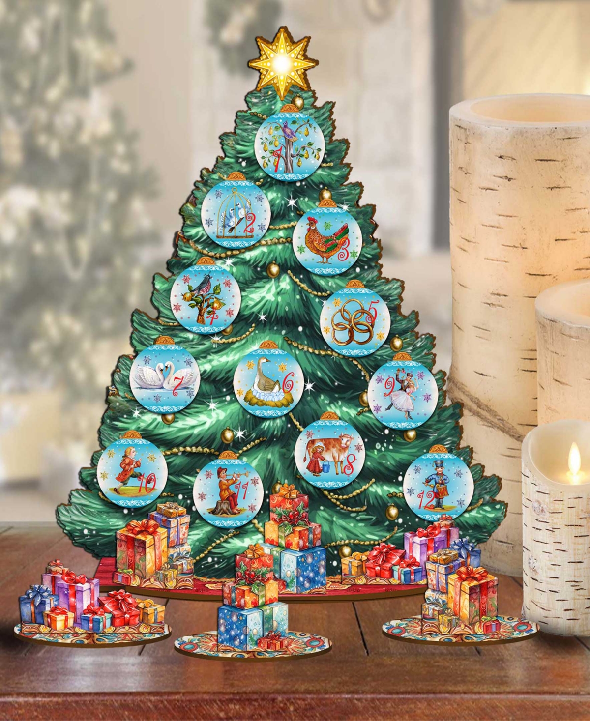 Designocracy 12 Days Themed Wooden Christmas Tree With Ornaments Set Of 19 G. Debrekht In Multi Color