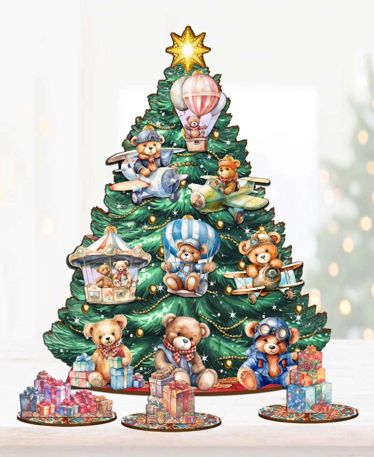 Shop Designocracy Teddy Bears Themed Wooden Christmas Tree With Ornaments Set Of 13 G. Debrekht In Multi Color