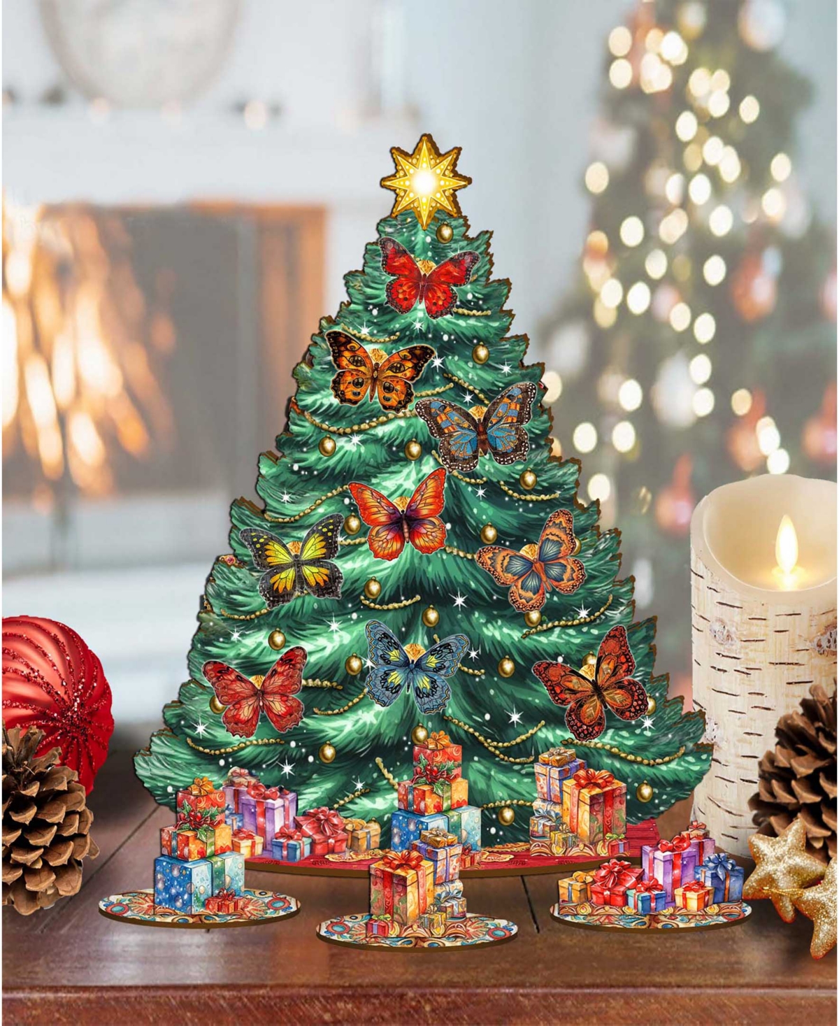 Designocracy Butterfly Themed Wooden Christmas Tree With Ornaments Set Of 13 G. Debrekht In Multi Color