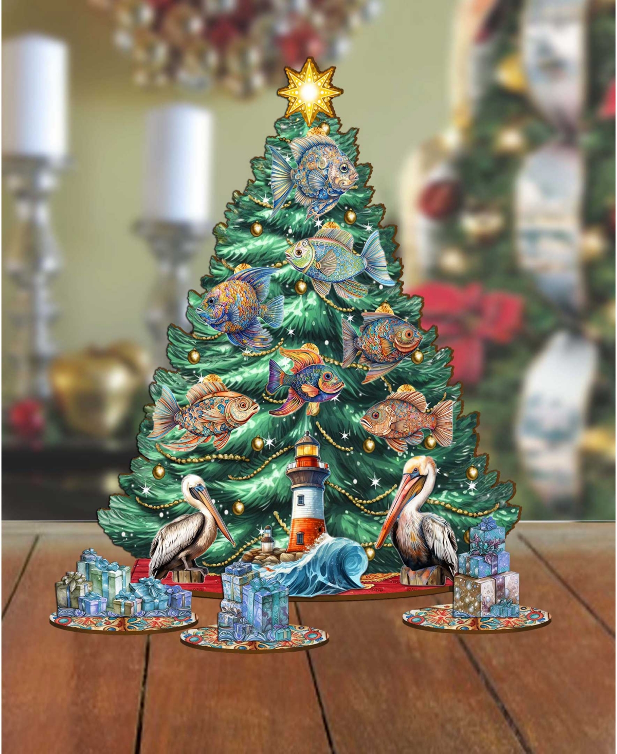 Shop Designocracy Coastal Themed Wooden Christmas Tree With Ornaments Set Of 13 G. Debrekht In Multi Color